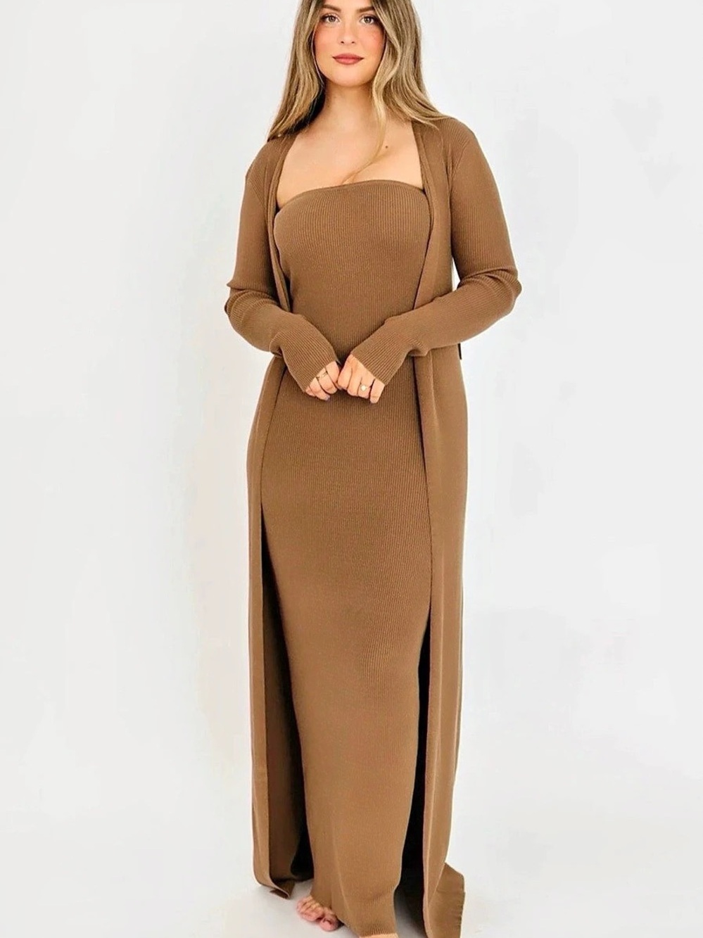 Worth collective  Layer Lover Brown Ribbed Knit Two-Piece Dress & Cardigan Set